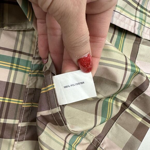 GAP Y2K Multicolor Plaid Lightweight Trench Coat Collared Buttons Size XS Poly - Picture 11 of 14